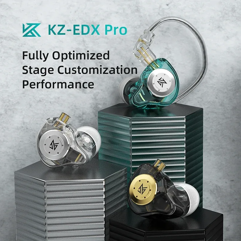 다양한 색상의 KZ EDX PRO 이어폰과 투명한 디자인