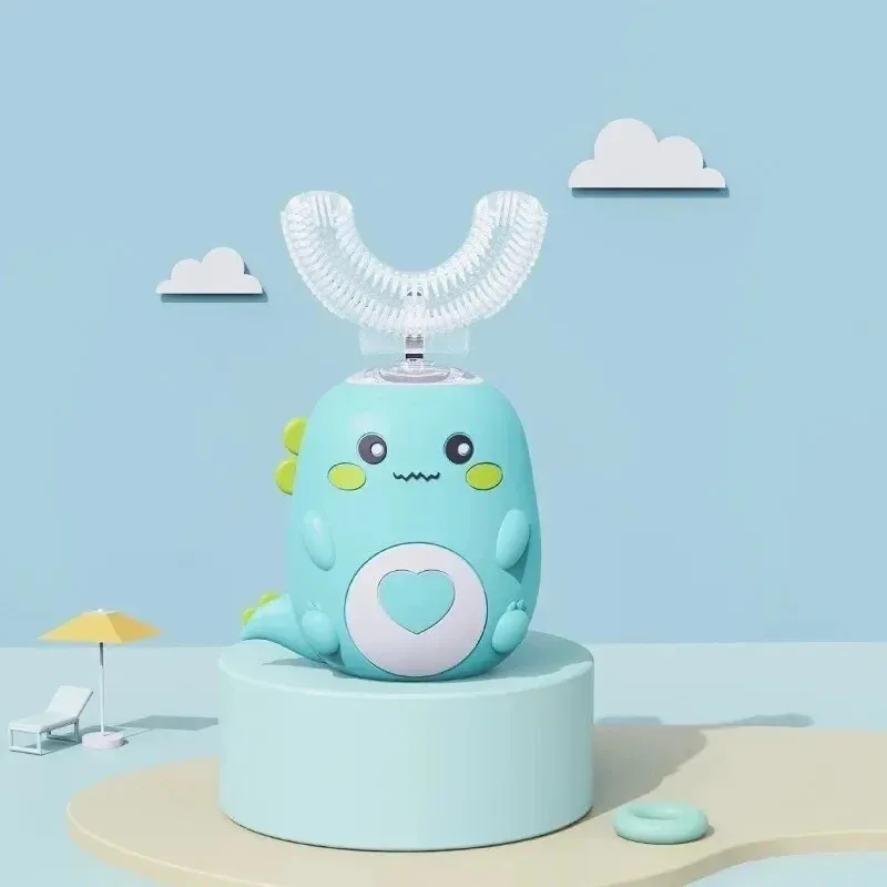 귀여운 공룡 캐릭터 디자인의 어린이용 U자형 전동칫솔