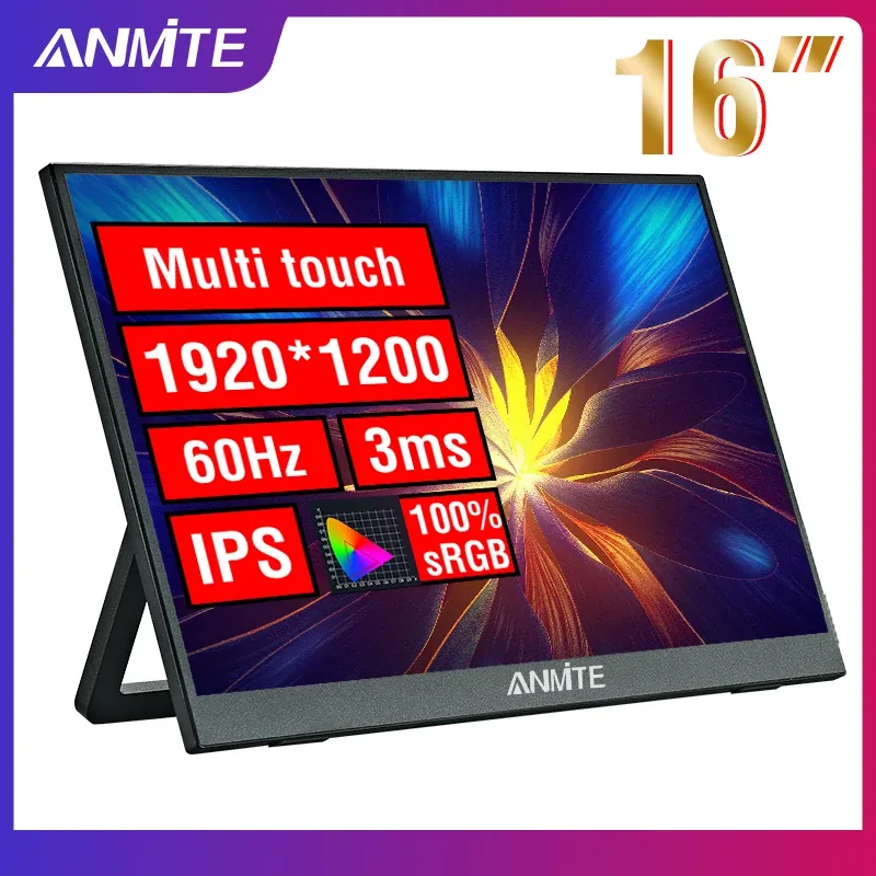 Anmite 16인치 휴대용 모니터의 정면 모습과 주요 스펙