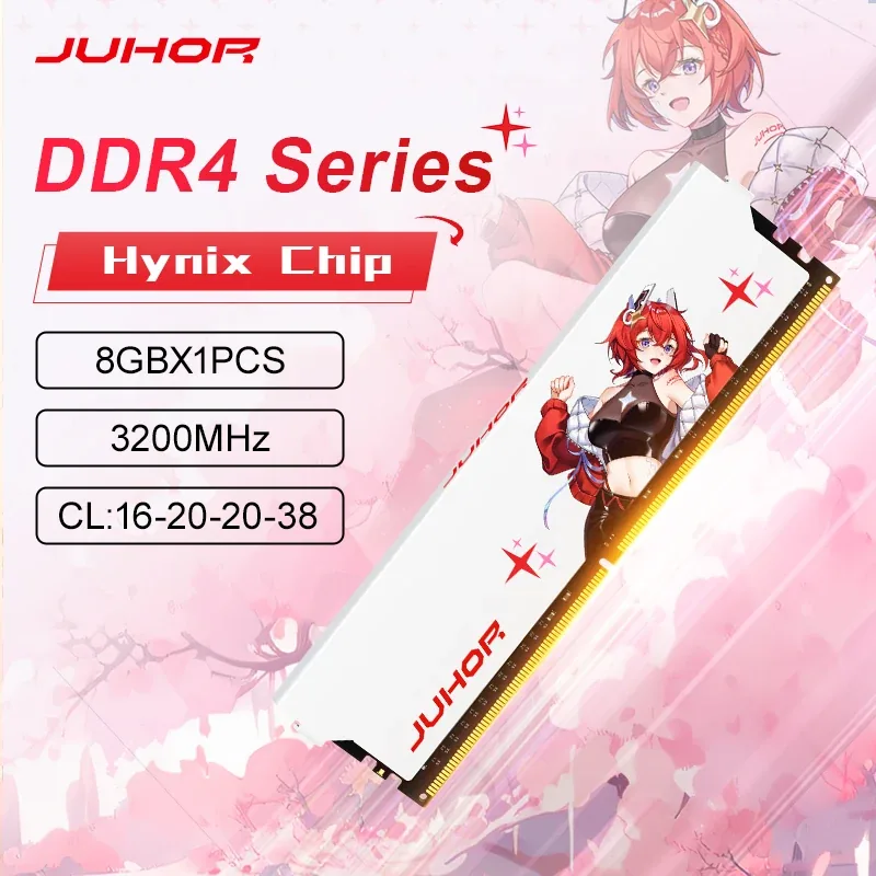 JUHOR DDR4 8GB 3200MHz 메모리 제품 패키지 및 캐릭터 이미지