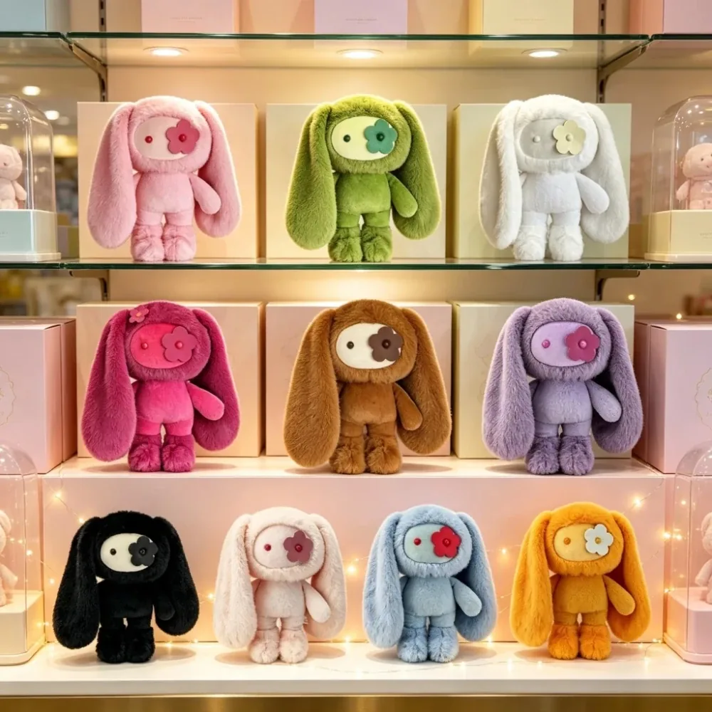 다양한 색상의 꽃눈 토끼 인형들이 진열장에 놓인 모습